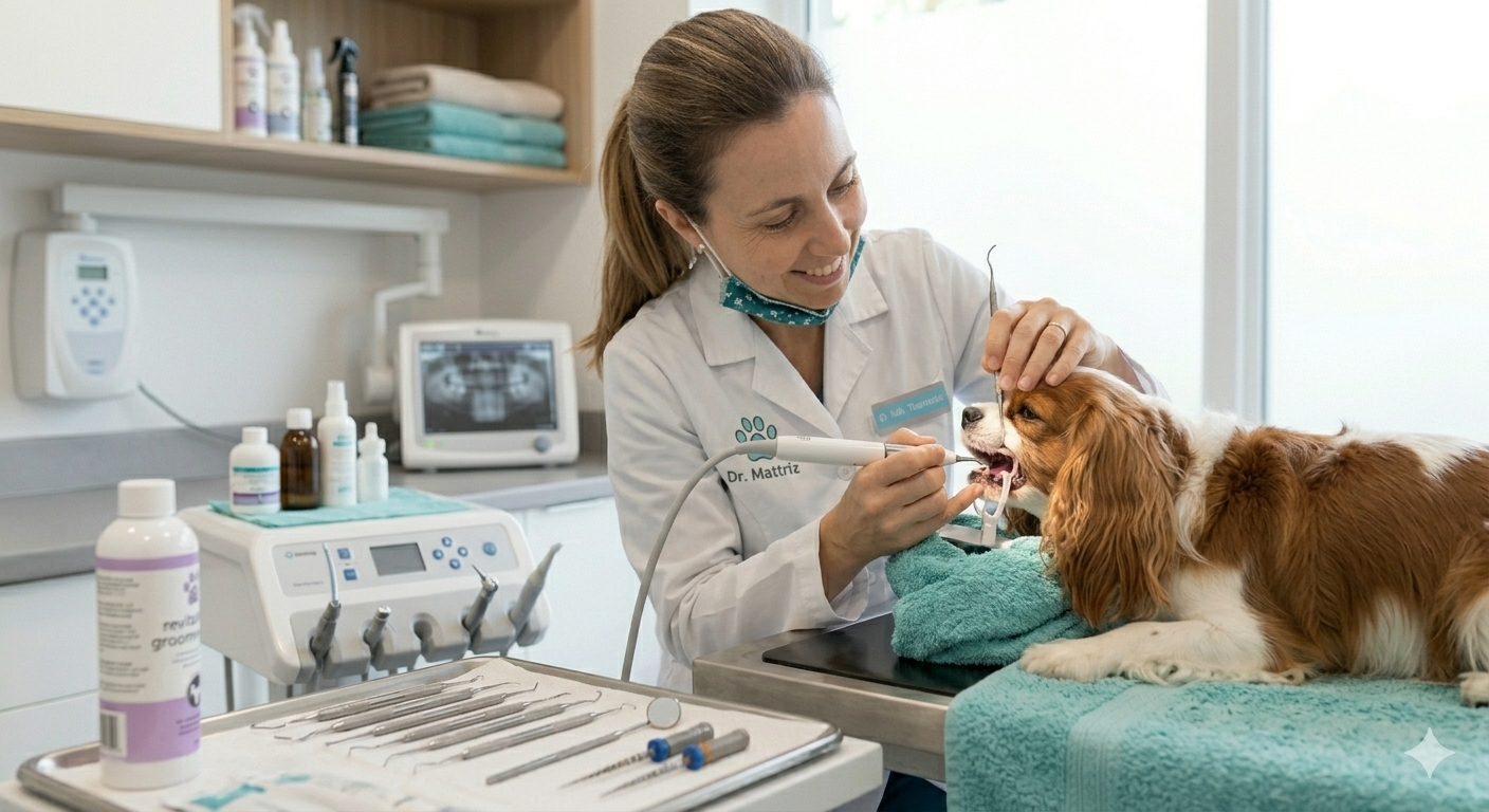 Foto demonstrativa de um atendimento de odontologia veterinária.